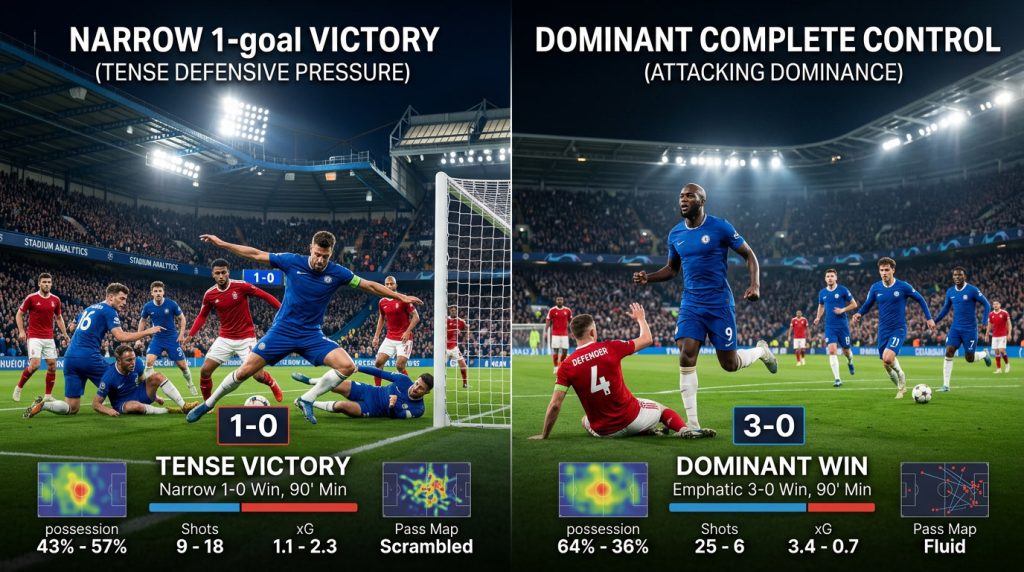 analisis skor sepak bola, kualitas kemenangan, statistik pertandingan bola, kemenangan tipis, dominasi pertandingan