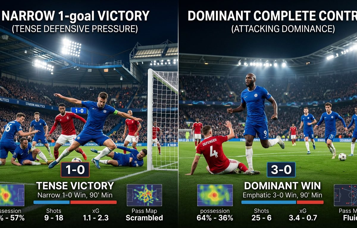 analisis skor sepak bola, kualitas kemenangan, statistik pertandingan bola, kemenangan tipis, dominasi pertandingan