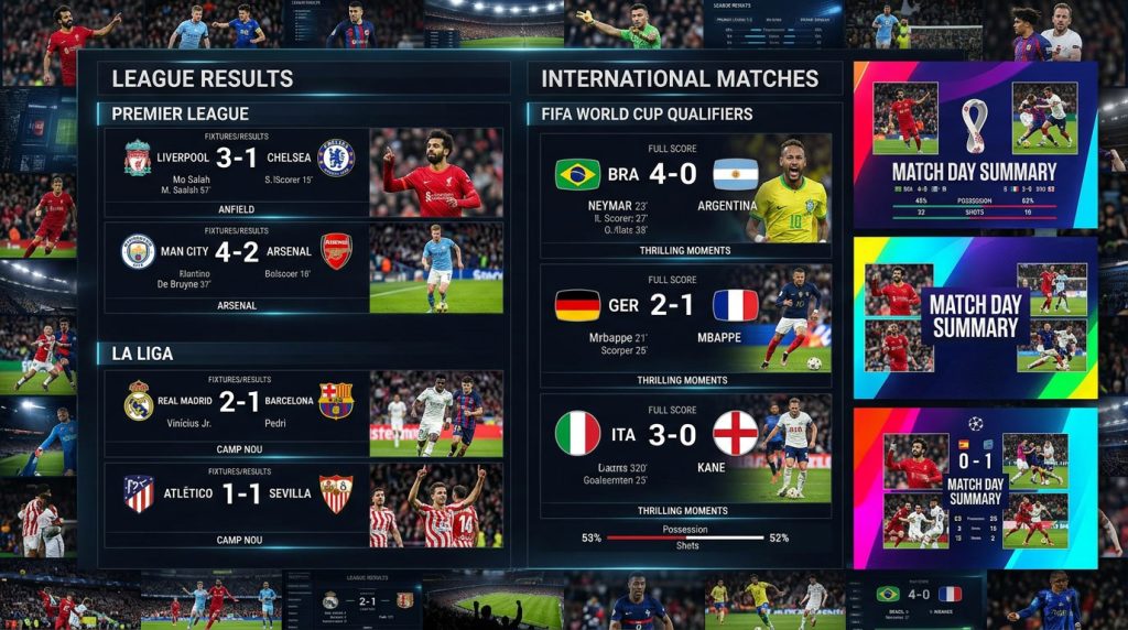 rangkuman hasil liga, pertandingan sepak bola dunia, rekap kompetisi eropa, hasil klub internasional, catatan skor liga