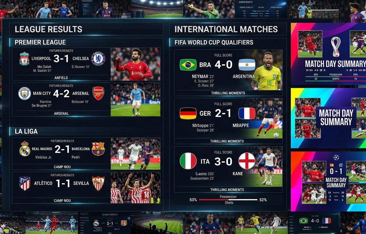 rangkuman hasil liga, pertandingan sepak bola dunia, rekap kompetisi eropa, hasil klub internasional, catatan skor liga